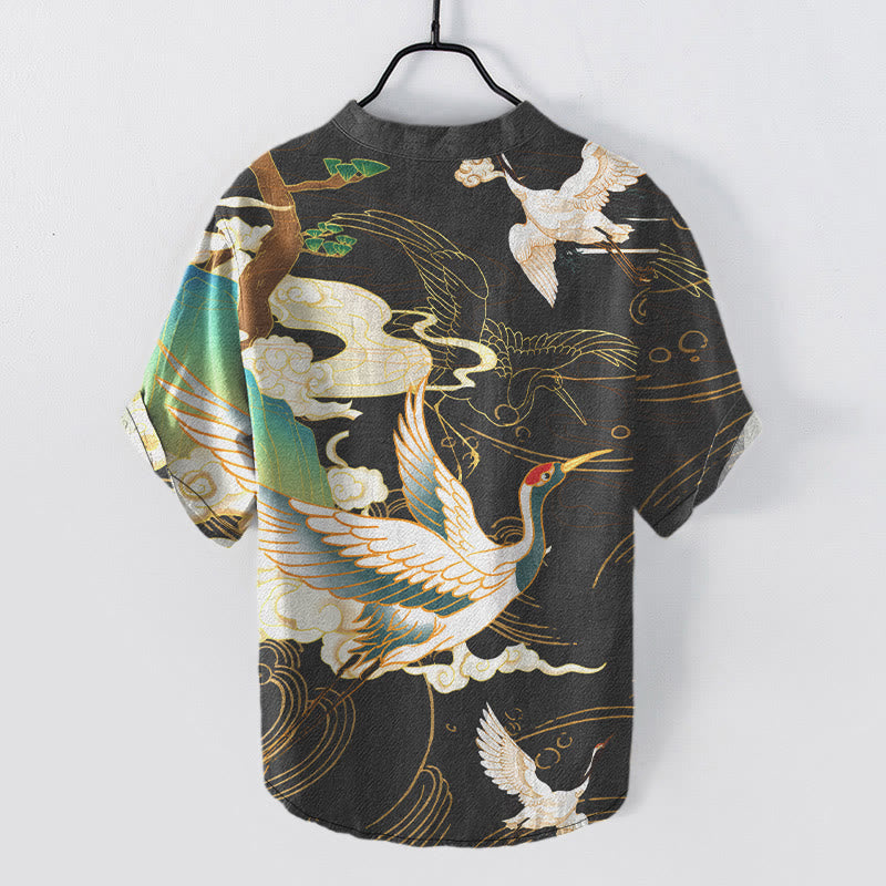 Buddha Stones Chemise homme à manches courtes et demi-boutonnée, motif grue en coton et nuages ​​de bon augure - image 1