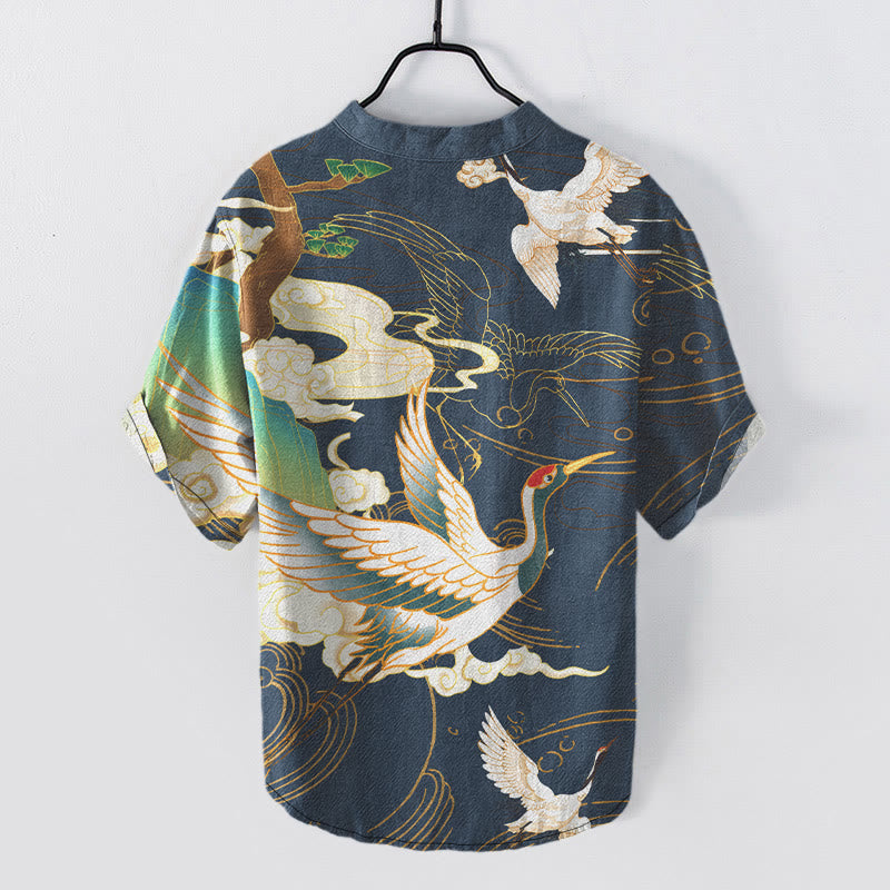 Buddha Stones Chemise homme à manches courtes et demi-boutonnée, motif grue en coton et nuages ​​de bon augure - image 5