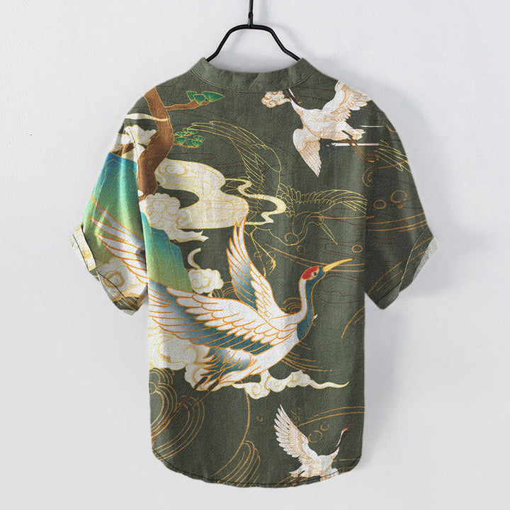 Buddha Stones Chemise homme à manches courtes et demi-boutonnée, motif grue en coton et nuages ​​de bon augure - image 7