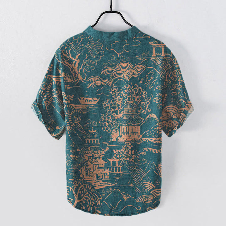 Buddha Stones Chemise à manches courtes et demi-boutonnée pour homme, motif paysage de tours naturelles en coton - image 1