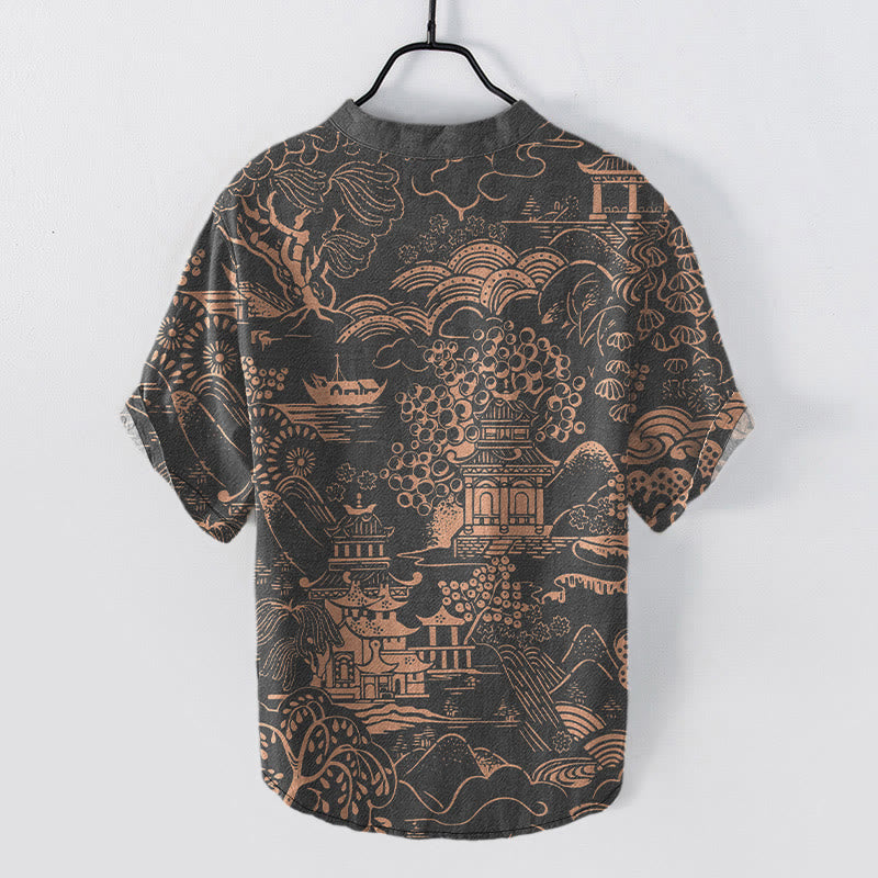 Buddha Stones Chemise à manches courtes et demi-boutonnée pour homme, motif paysage de tours naturelles en coton - image 7
