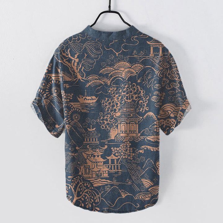 Buddha Stones Chemise à manches courtes et demi-boutonnée pour homme, motif paysage de tours naturelles en coton - image 5