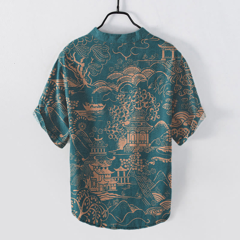 Buddha Stones Chemise à manches courtes et demi-boutonnée pour homme, motif paysage de tours naturelles en coton - image 1