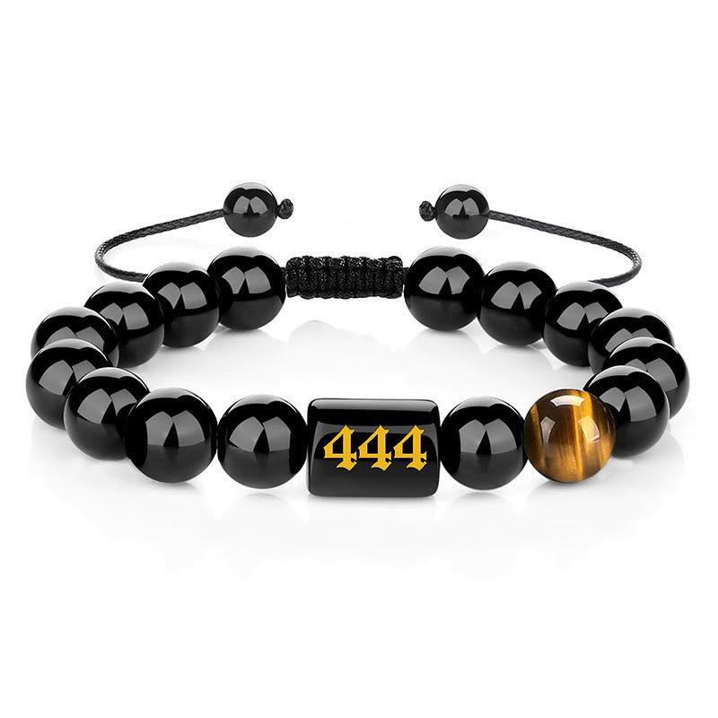 Buddha Stones Bracelet en œil de tigre en obsidienne noire naturelle avec numéro d'ange, symbole de force et d'accomplissement - 444 (Tour de poignet 15-19 cm) - image 18