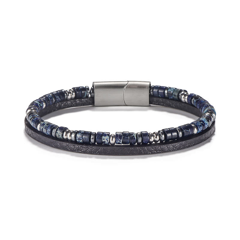 Buddha Stones Bracelet en cuir équilibré avec perles en œil de tigre et lapis-lazuli - Lapis-lazuli (Tour de poignet : 18-19 cm) - Perles rondelles Perles d'espacement rondes - image 3