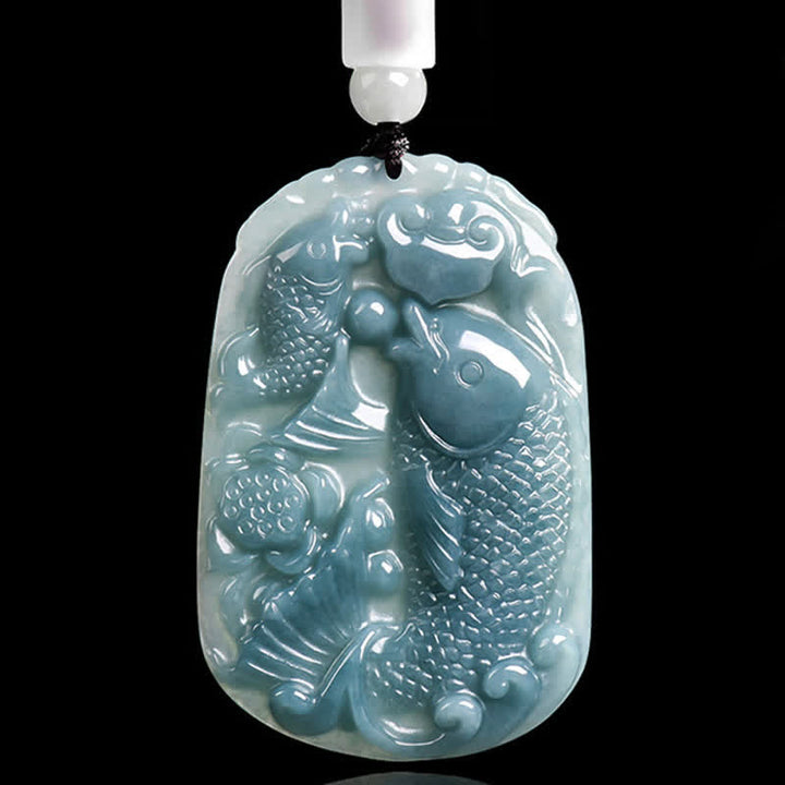 Buddha Stones Collier pendentif en jade naturel sculpté représentant deux carpes koï, symbole de prospérité. - image 1