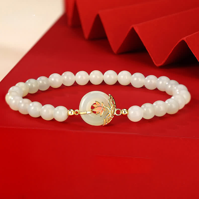 Buddha Stones Bracelet en argent sterling 925 Hetian avec boucle de boucle en jade blanc et symbole de lotus et perles d'harmonie - Lotus - Jade blanc de Hetian (Tour de poignet 15-16 cm) - image 0