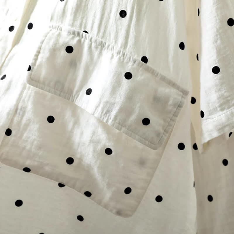 Buddha Stones Chemise en coton à pois, manches courtes, col à revers, poches, pour femme - image 9