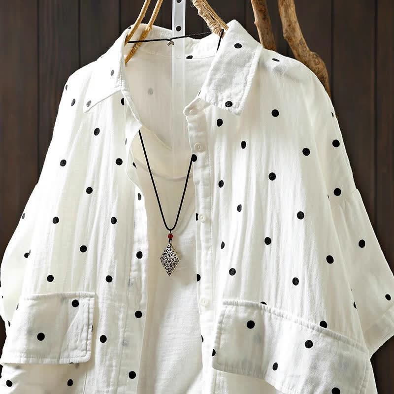 Buddha Stones Chemise en coton à pois, manches courtes, col à revers, poches, pour femme - image 4