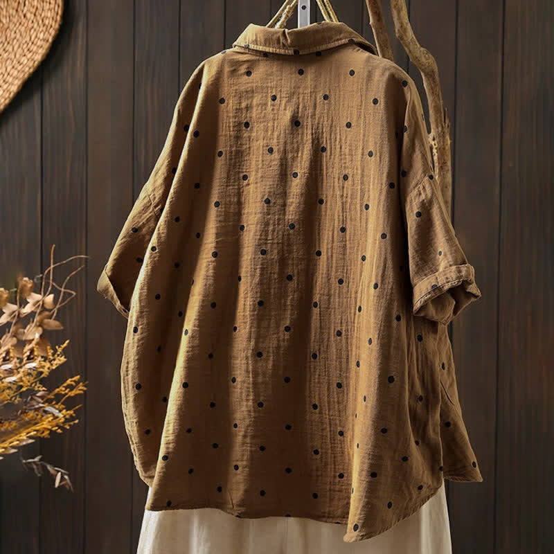 Buddha Stones Chemise en coton à pois, manches courtes, col à revers, poches, pour femme - image 15