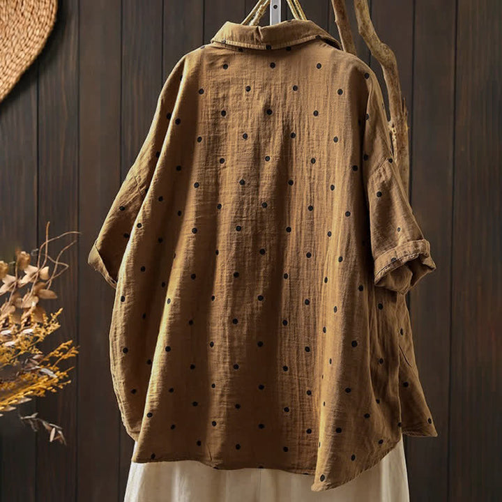 Buddha Stones Chemise en coton à pois, manches courtes, col à revers, poches, pour femme - image 15