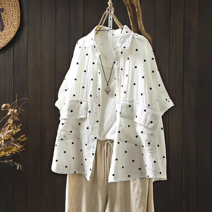Buddha Stones Chemise en coton à pois, manches courtes, col à revers, poches, pour femme - Blanc - US12，UK/AU16，EU44 (2XL) - image 2