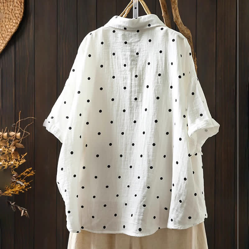 Buddha Stones Chemise en coton à pois, manches courtes, col à revers, poches, pour femme - image 3