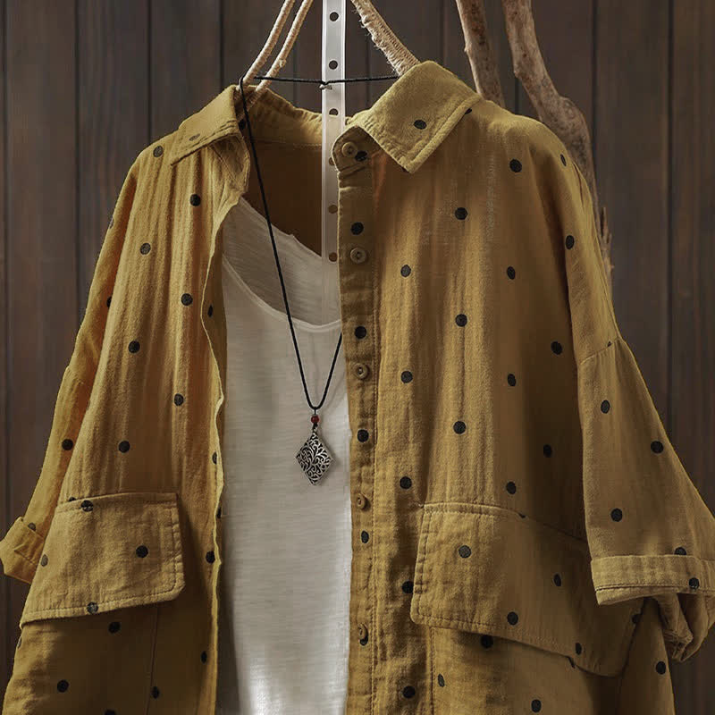 Buddha Stones Chemise en coton à pois, manches courtes, col à revers, poches, pour femme - image 11
