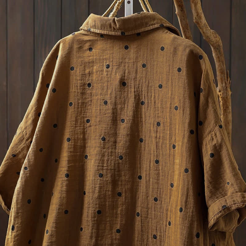 Buddha Stones Chemise en coton à pois, manches courtes, col à revers, poches, pour femme - image 14