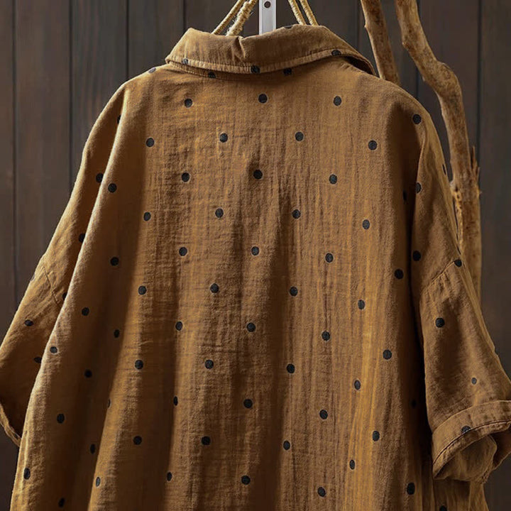 Buddha Stones Chemise en coton à pois, manches courtes, col à revers, poches, pour femme - image 14