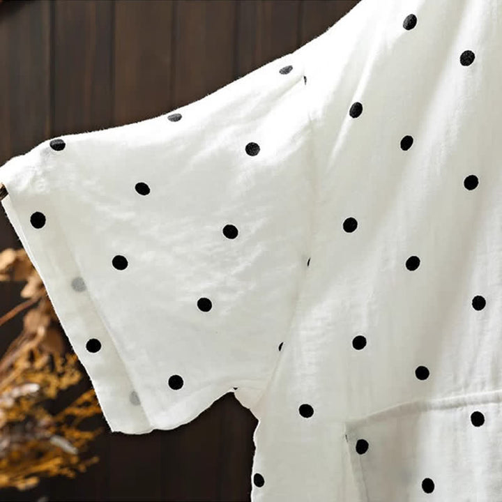Buddha Stones Chemise en coton à pois, manches courtes, col à revers, poches, pour femme - image 6