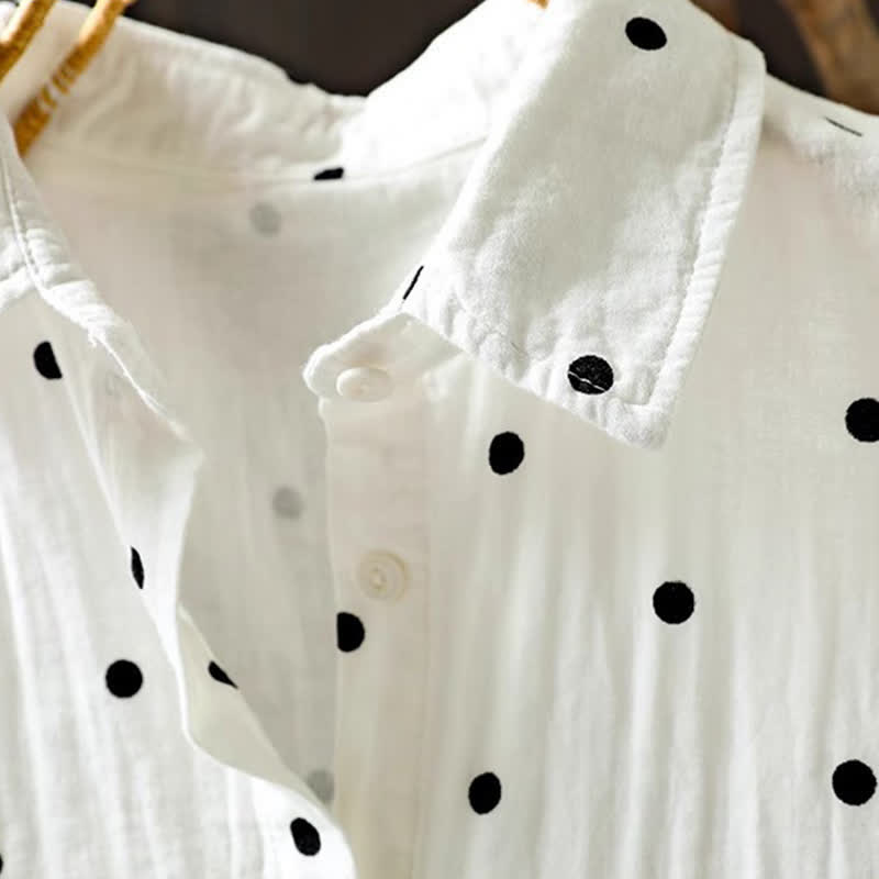 Buddha Stones Chemise en coton à pois, manches courtes, col à revers, poches, pour femme - image 7