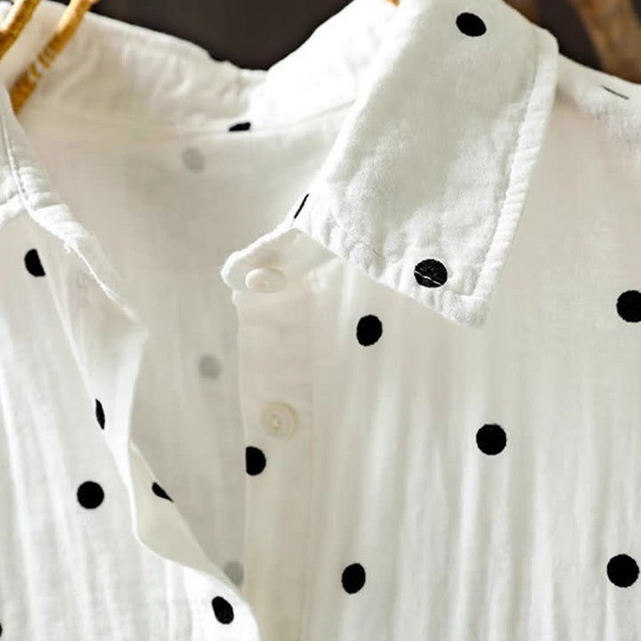 Buddha Stones Chemise en coton à pois, manches courtes, col à revers, poches, pour femme - image 7