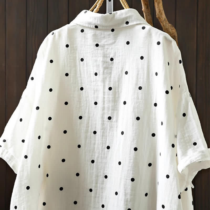 Buddha Stones Chemise en coton à pois, manches courtes, col à revers, poches, pour femme - image 5