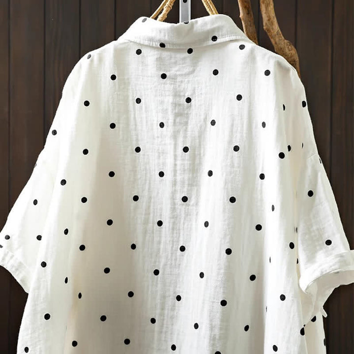 Buddha Stones Chemise en coton à pois, manches courtes, col à revers, poches, pour femme - image 5
