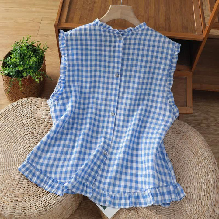 Buddha Stones T-shirt sans manches à carreaux d'été pour femme, col rond à volants et boutons au dos - image 3