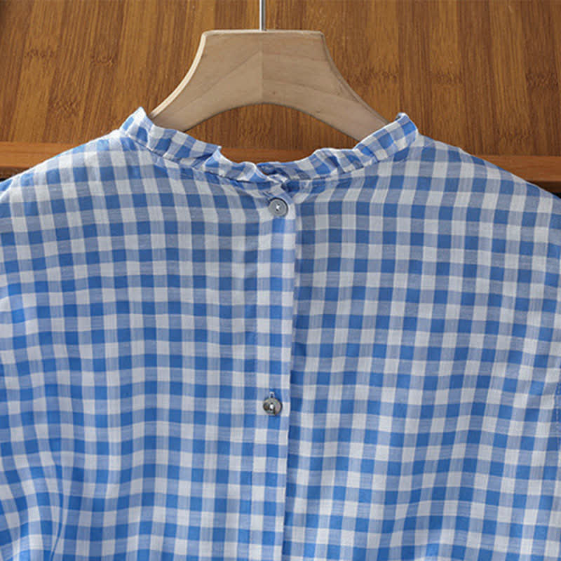 Buddha Stones T-shirt sans manches à carreaux d'été pour femme, col rond à volants et boutons au dos - image 5