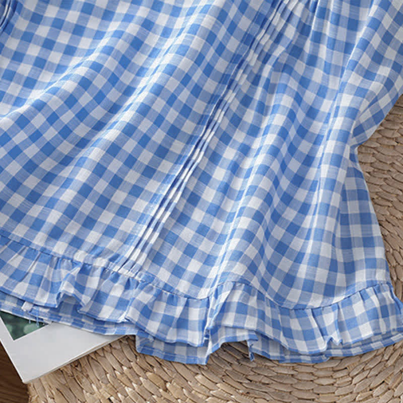 Buddha Stones T-shirt sans manches à carreaux d'été pour femme, col rond à volants et boutons au dos - image 10