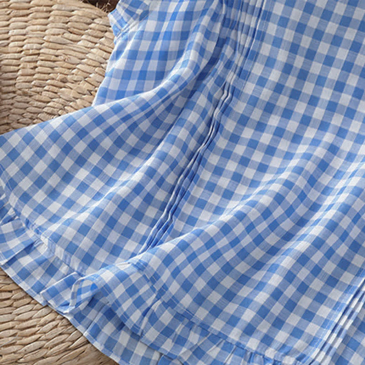 Buddha Stones T-shirt sans manches à carreaux d'été pour femme, col rond à volants et boutons au dos - image 9