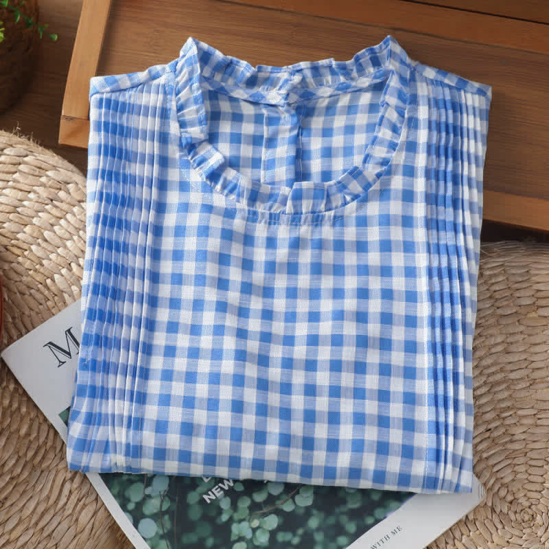 Buddha Stones T-shirt sans manches à carreaux d'été pour femme, col rond à volants et boutons au dos - image 11