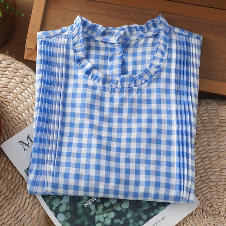 Buddha Stones T-shirt sans manches à carreaux d'été pour femme, col rond à volants et boutons au dos - image 11