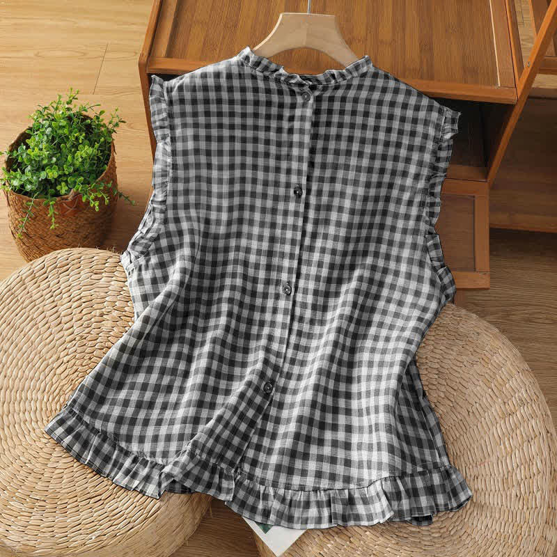 T-shirt sans manches pour femme, à carreaux, col rond et boutons au dos, motif Buddha Stones - image 1