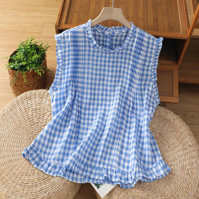 Buddha Stones T-shirt sans manches à carreaux d'été pour femme, col rond à volants et boutons au dos - Bleuet - US8-10，UK/AU12-14，EU40-42 (2XL) - image 2