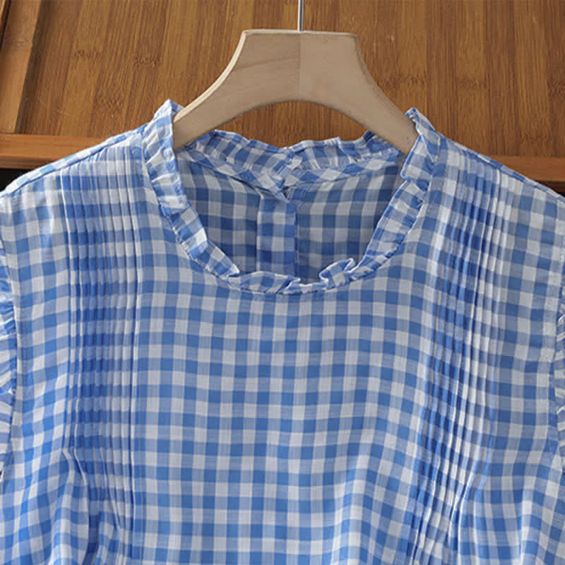 Buddha Stones T-shirt sans manches à carreaux d'été pour femme, col rond à volants et boutons au dos - image 4