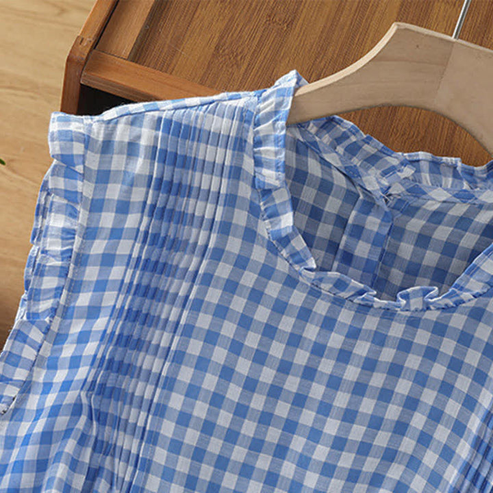 Buddha Stones T-shirt sans manches à carreaux d'été pour femme, col rond à volants et boutons au dos - image 6