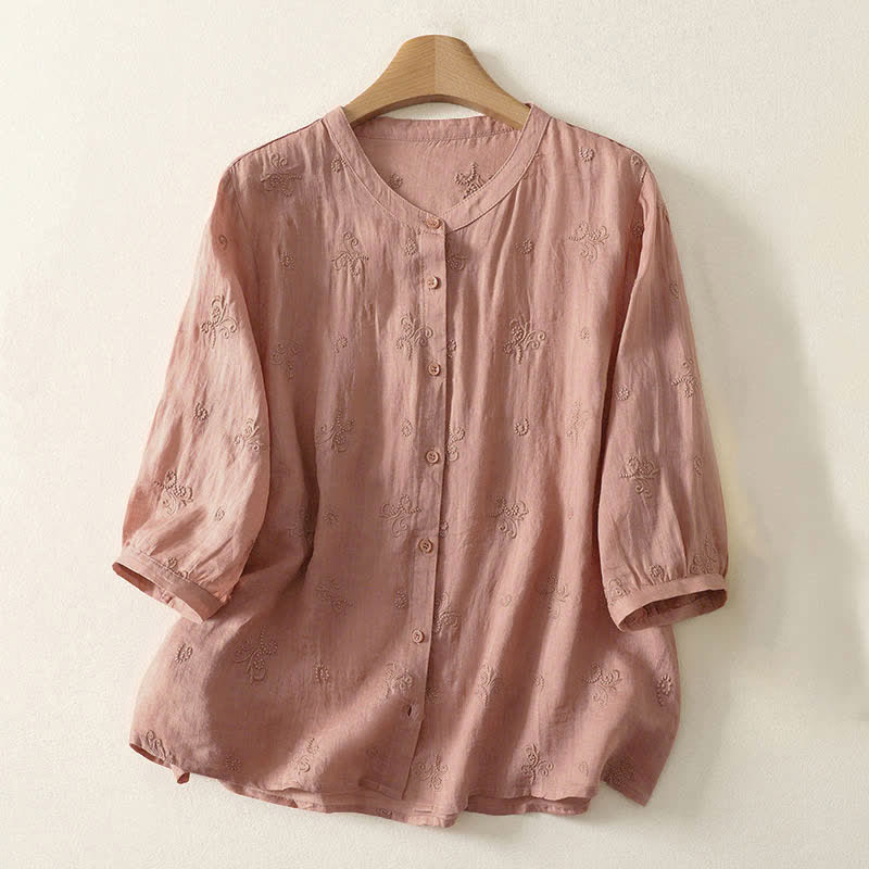 Buddha Stones Chemise à manches courtes boutonnée à motif floral brodé rétro pour femme - Saumon foncé - US8-10，UK/AU12-14，EU40-42 (2XL) - image 4