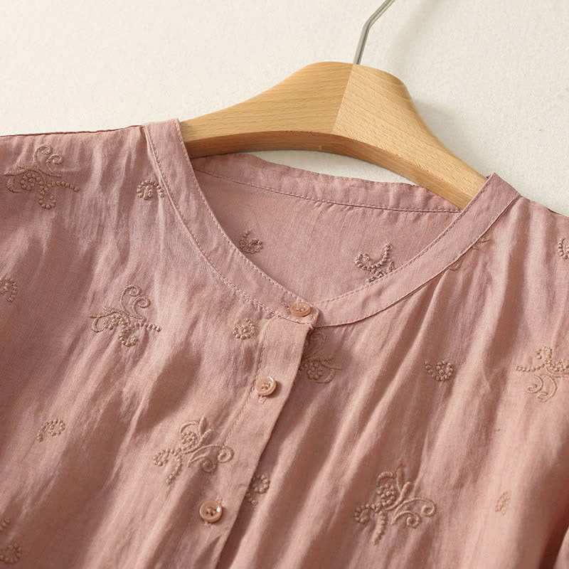 Buddha Stones Chemise à manches courtes boutonnée à motif floral brodé rétro pour femme - image 6