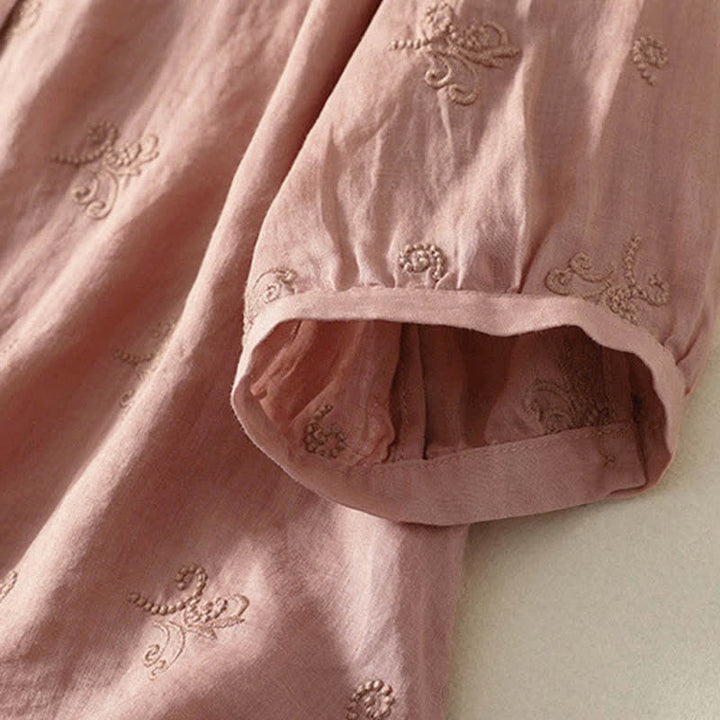 Buddha Stones Chemise à manches courtes boutonnée à motif floral brodé rétro pour femme - image 9