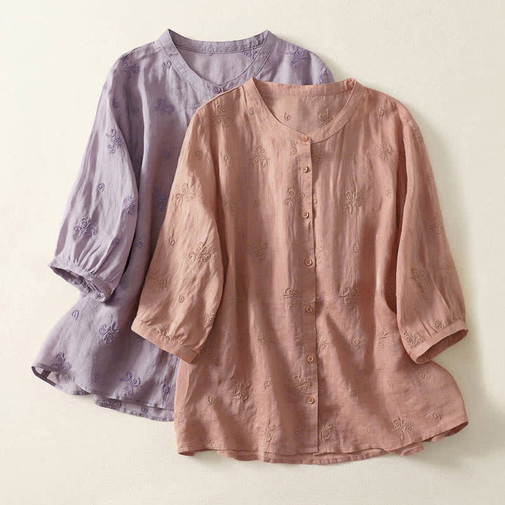 Buddha Stones Chemise à manches courtes boutonnée à motif floral brodé rétro pour femme - image 13