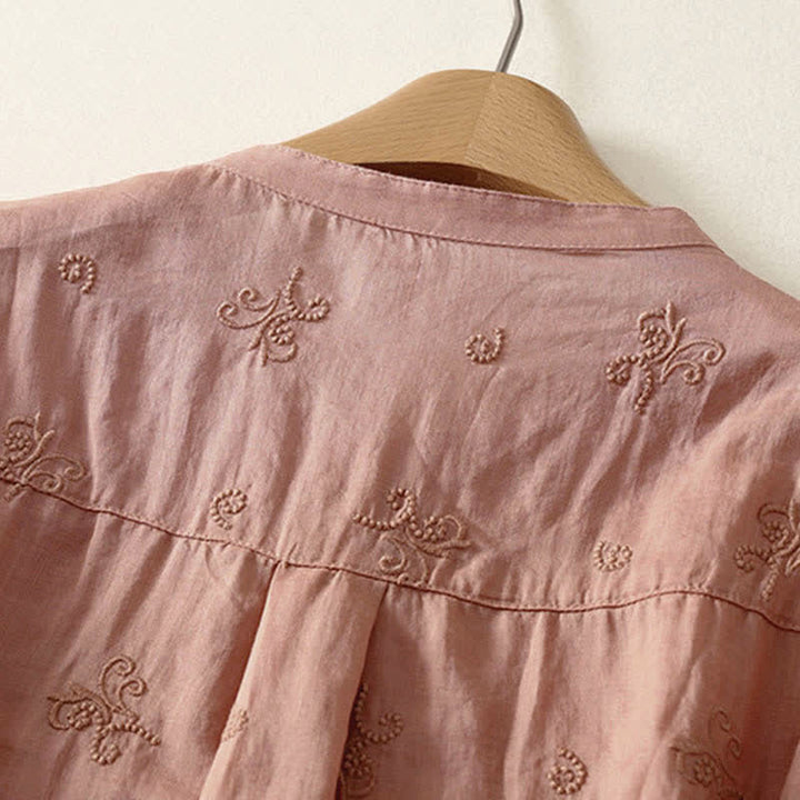 Buddha Stones Chemise à manches courtes boutonnée à motif floral brodé rétro pour femme - image 7