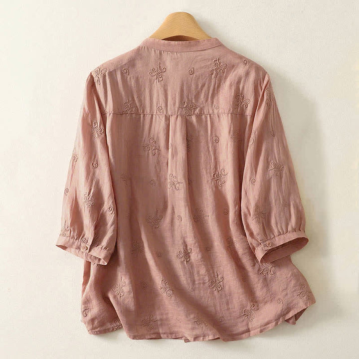 Buddha Stones Chemise à manches courtes boutonnée à motif floral brodé rétro pour femme - image 5