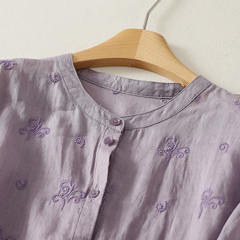 Buddha Stones Chemise à manches courtes boutonnée à motif floral brodé rétro pour femme - image 1