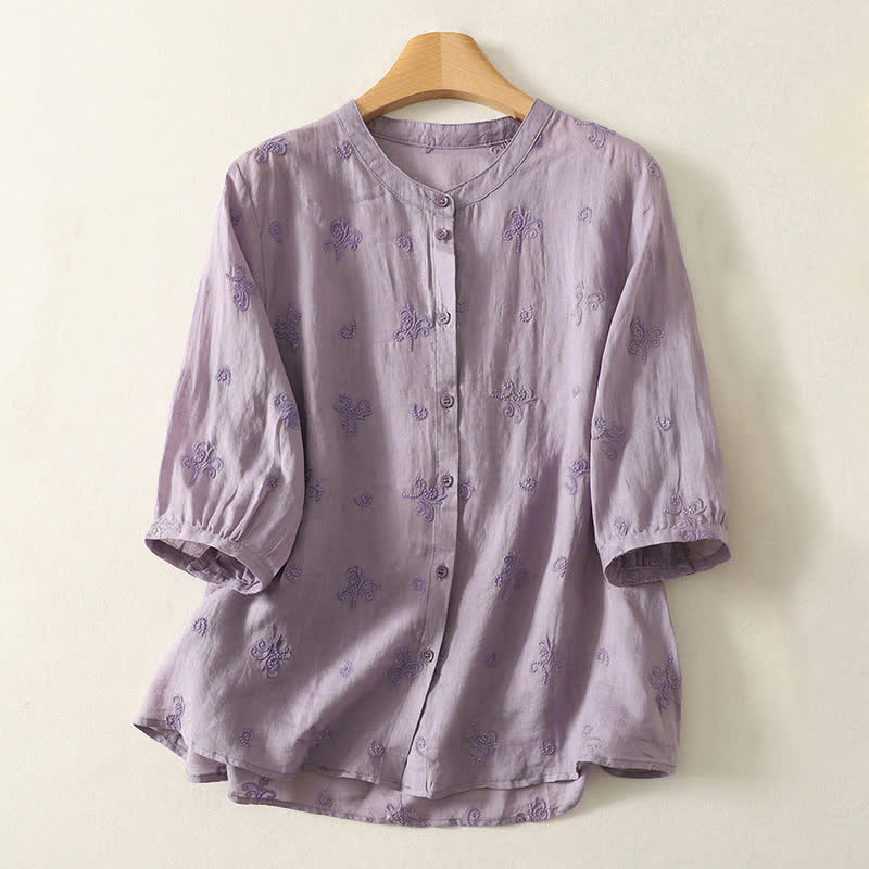 Buddha Stones Chemise à manches courtes boutonnée à motif floral brodé rétro pour femme - Violet moyen - US8-10，UK/AU12-14，EU40-42 (2XL) - image 0