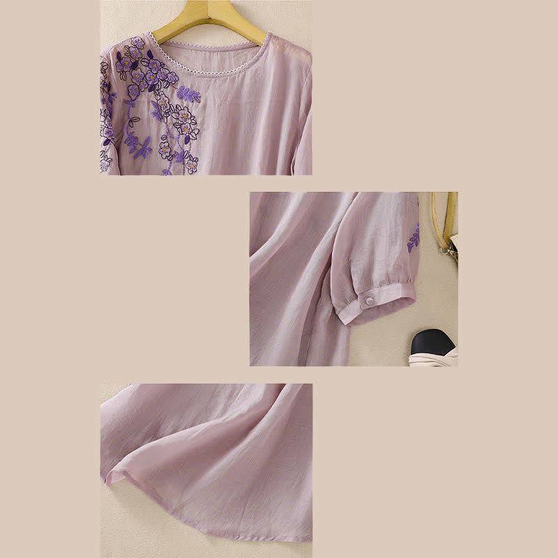 Buddha Stones Chemise femme à manches courtes et col rond, motif floral brodé rétro - image 29