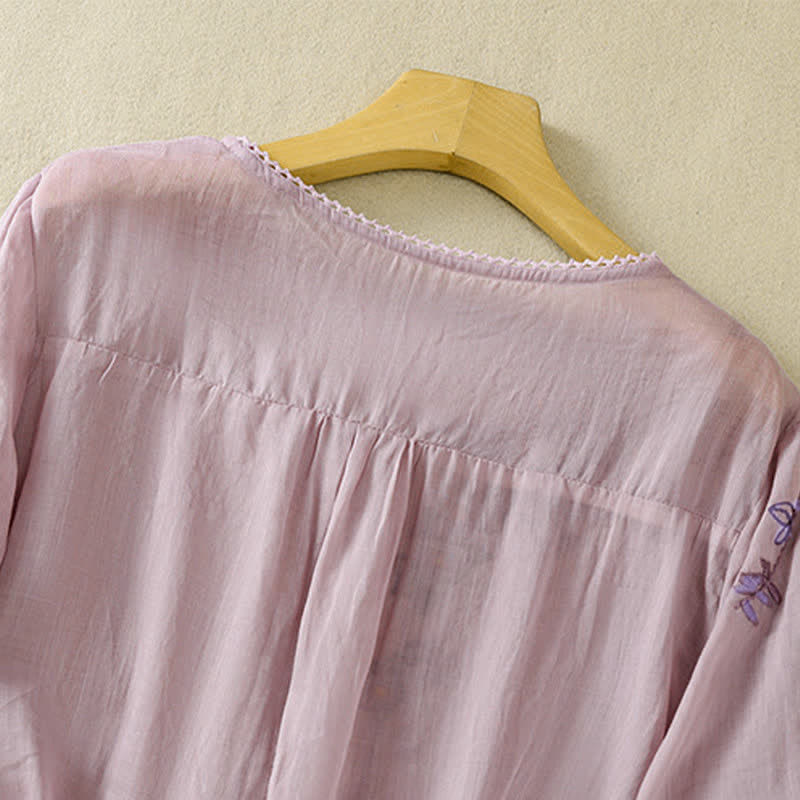 Buddha Stones Chemise femme à manches courtes et col rond, motif floral brodé rétro - image 25