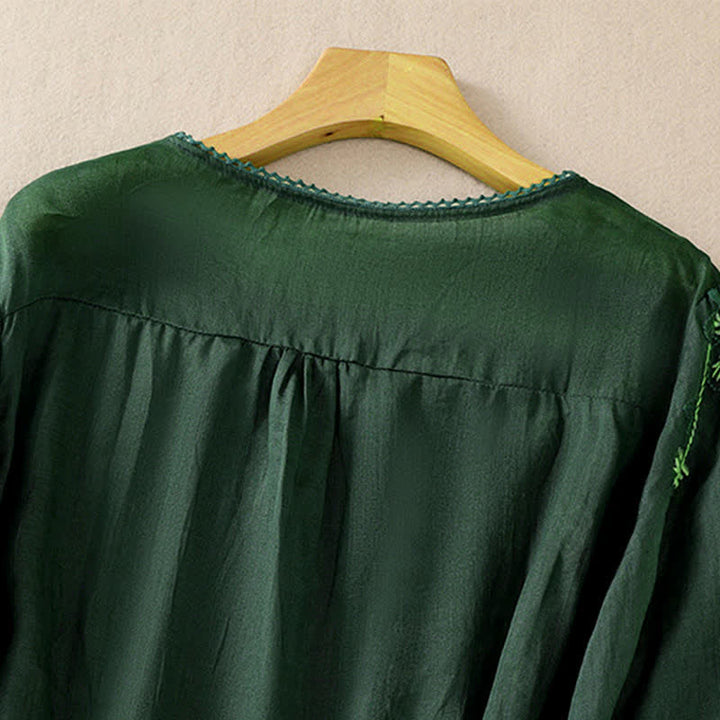 Buddha Stones Chemise femme à manches courtes et col rond, motif floral brodé rétro - image 2