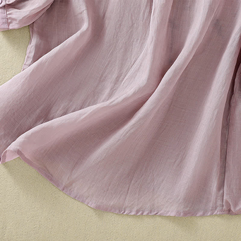 Buddha Stones Chemise femme à manches courtes et col rond, motif floral brodé rétro - image 27