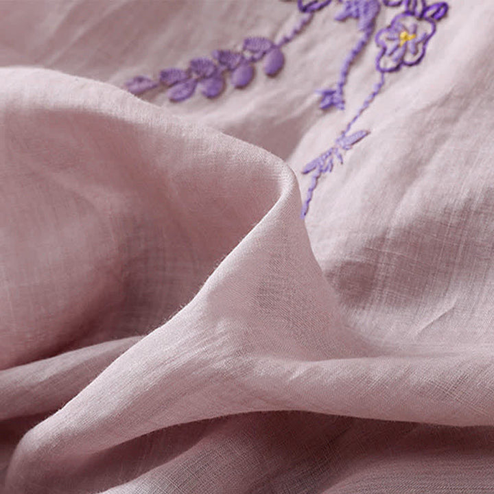 Buddha Stones Chemise femme à manches courtes et col rond, motif floral brodé rétro - image 26