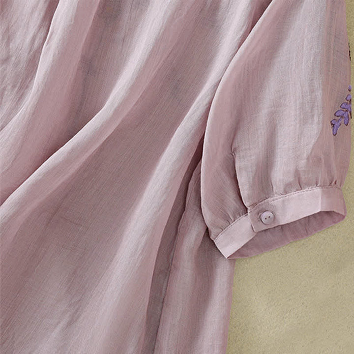 Buddha Stones Chemise femme à manches courtes et col rond, motif floral brodé rétro - image 28