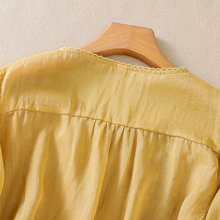 Buddha Stones Chemise femme à manches courtes et col rond, motif floral brodé rétro - image 17